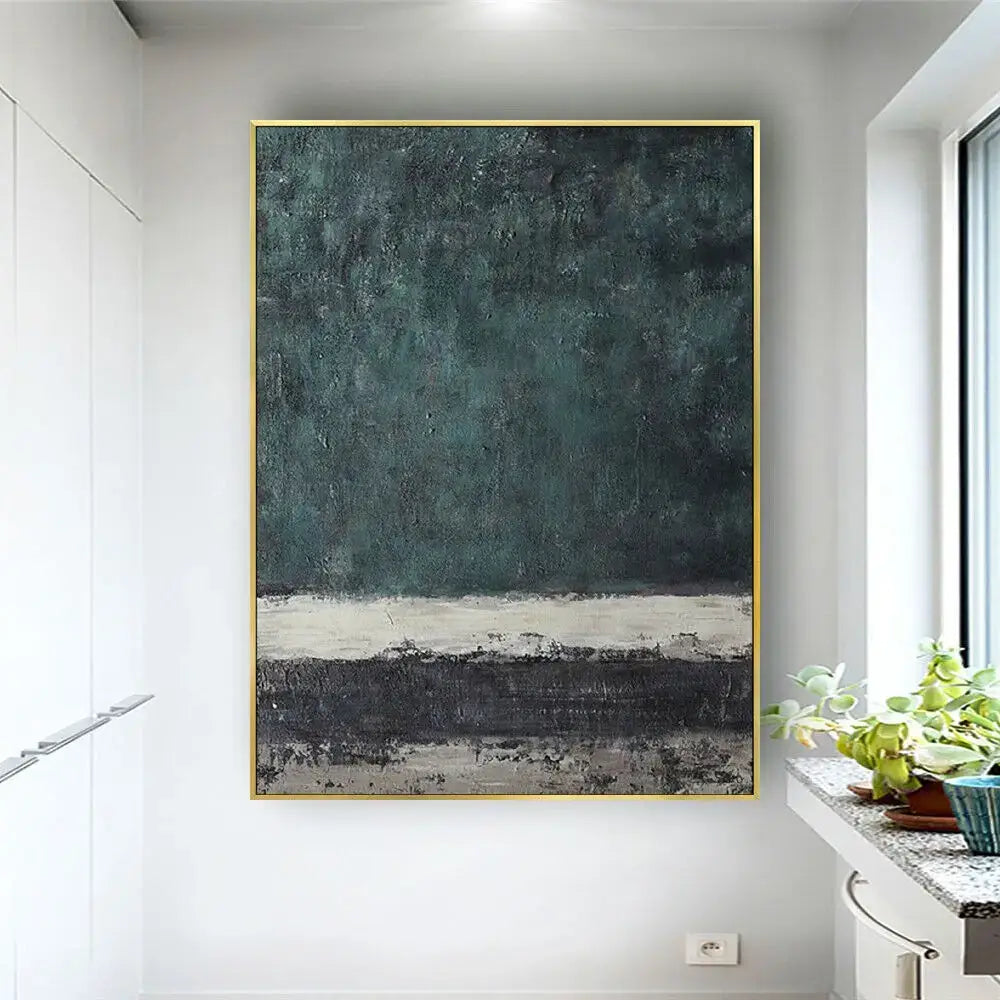 Decorbites™ handmade abstract oil painting wall art with textured teal, black, and white layers in a gold frame