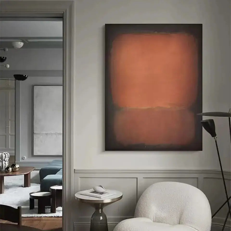 DecorBites™ handmade abstract oil painting wall art with warm orange gradient on dark background framed in black