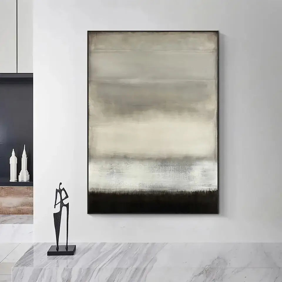 DecorBites™ handmade abstract oil painting wall art with horizontal brushstrokes in beige gray and black tones