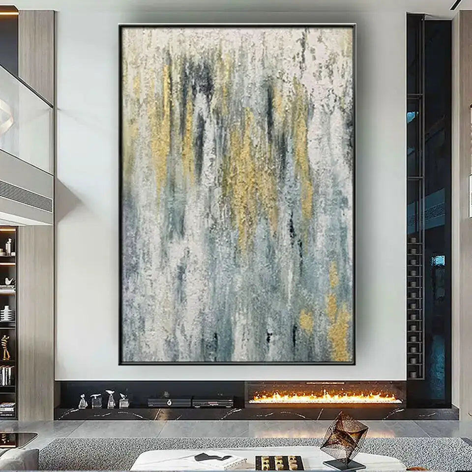 Decorbites™ handmade abstract oil painting wall art with gold gray and black vertical streaks on textured canvas framed black