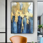 Decorbites™ handmade abstract oil painting wall art with bold blue and gold vertical strokes in a sleek black frame