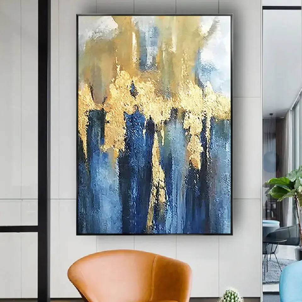 Decorbites™ handmade abstract oil painting wall art with bold blue and gold vertical strokes in a sleek black frame