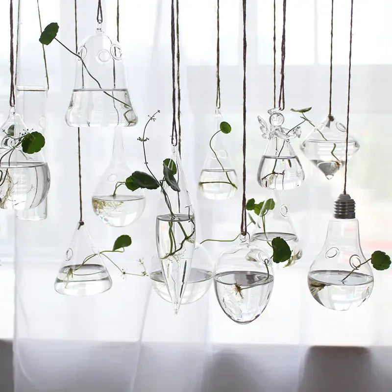 Clear glass hanging planters in bell and bulb shapes from DecorBites™ handmade angel glass vase for home decor