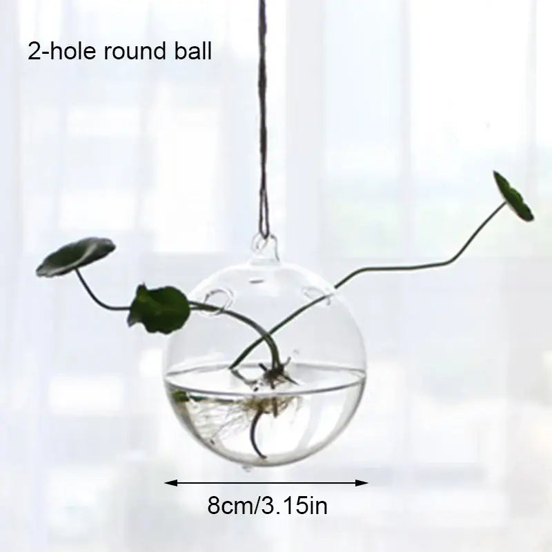 DecorBites handmade angel glass vase clear glass spherical hanging planter with two holes and a small green plant inside