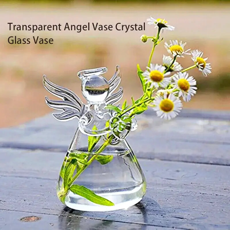DecorBites™ handmade transparent glass angel vase with delicate wings holding white daisies for home decor