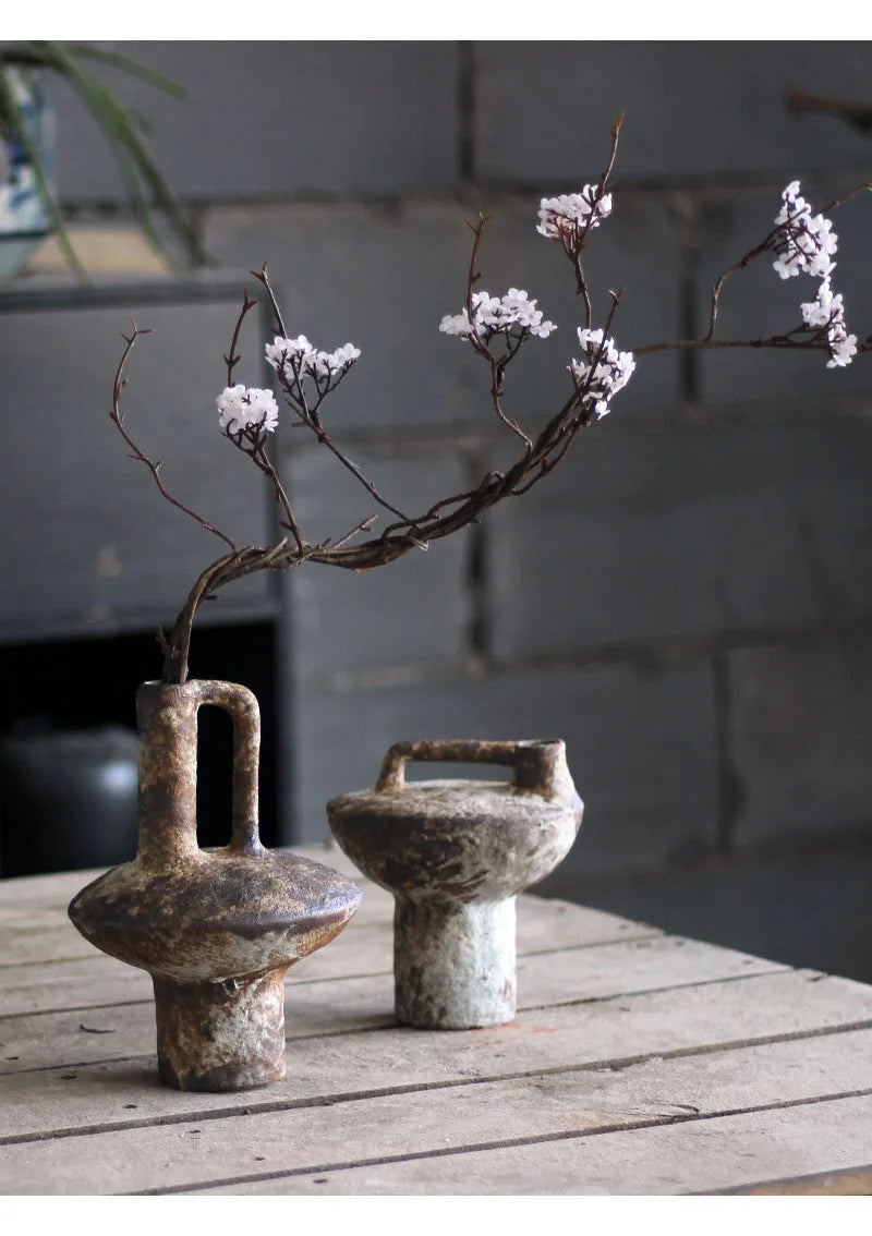 Rustic decorbites™ handmade ceramic vases with handles in dark brown and gray tones for dried flowers display