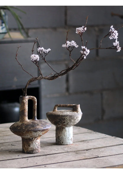 Rustic decorbites™ handmade ceramic vases with handles in dark brown and gray tones for dried flowers display