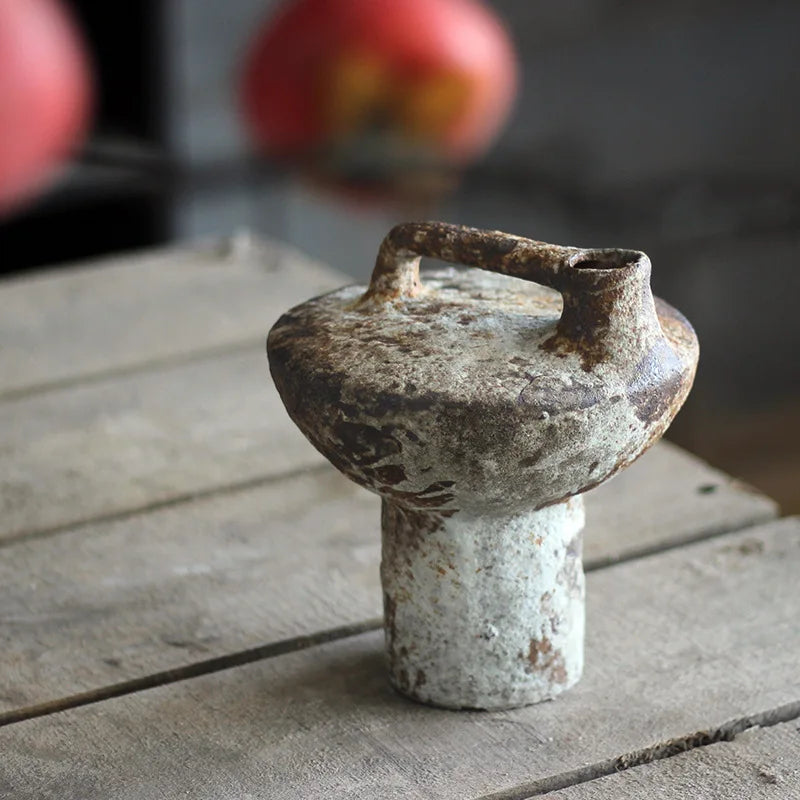 Decorbites™ handmade ceramic vase with earthy brown and gray patina, short base, and handle for dried flowers