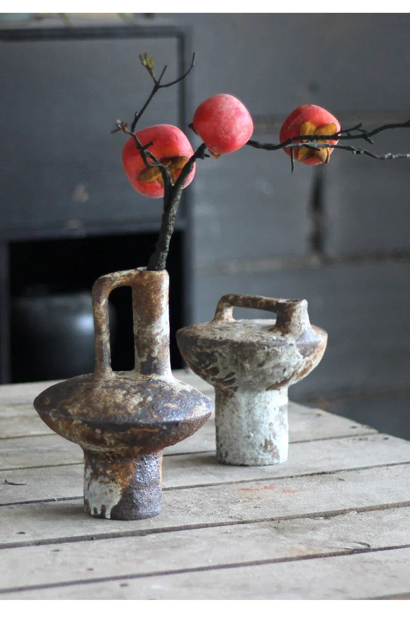 Decorbites handmade ceramic vase with handle in weathered earthy tones for dried flowers display