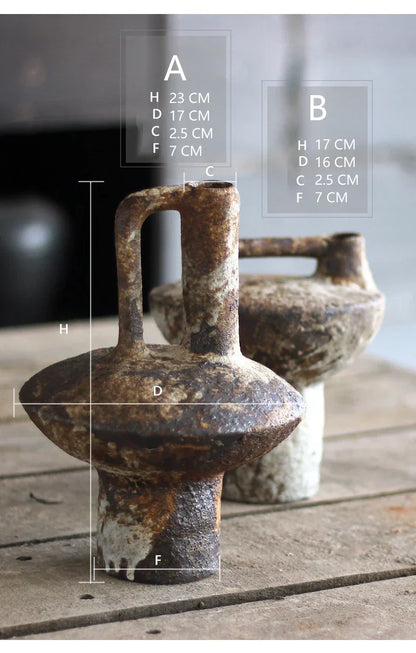 Rustic brown ceramic vase with a wide rounded body and two handles ideal for dried flowers by decorbites