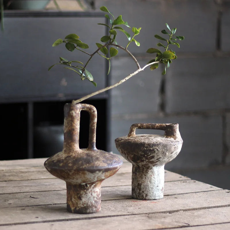 Two rustic pottery vases with handles in earthy brown and gray glazes for dried flowers by decorbites ceramic vase