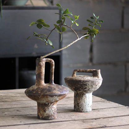 Two rustic pottery vases with handles in earthy brown and gray glazes for dried flowers by decorbites ceramic vase