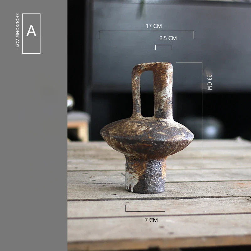 Antique bronze-colored ceramic vase with narrow neck and handle handmade by DecorBites for dried flowers display