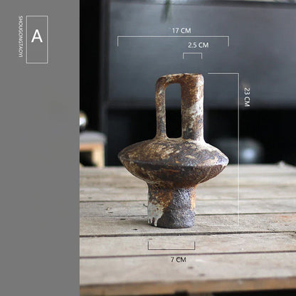 Antique bronze-colored ceramic vase with narrow neck and handle handmade by DecorBites for dried flowers display