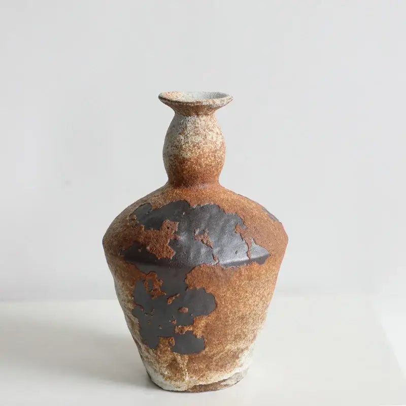 DecorBites™ handmade ceramic vase with bulbous body and cracked brown glaze for zen flower arrangements
