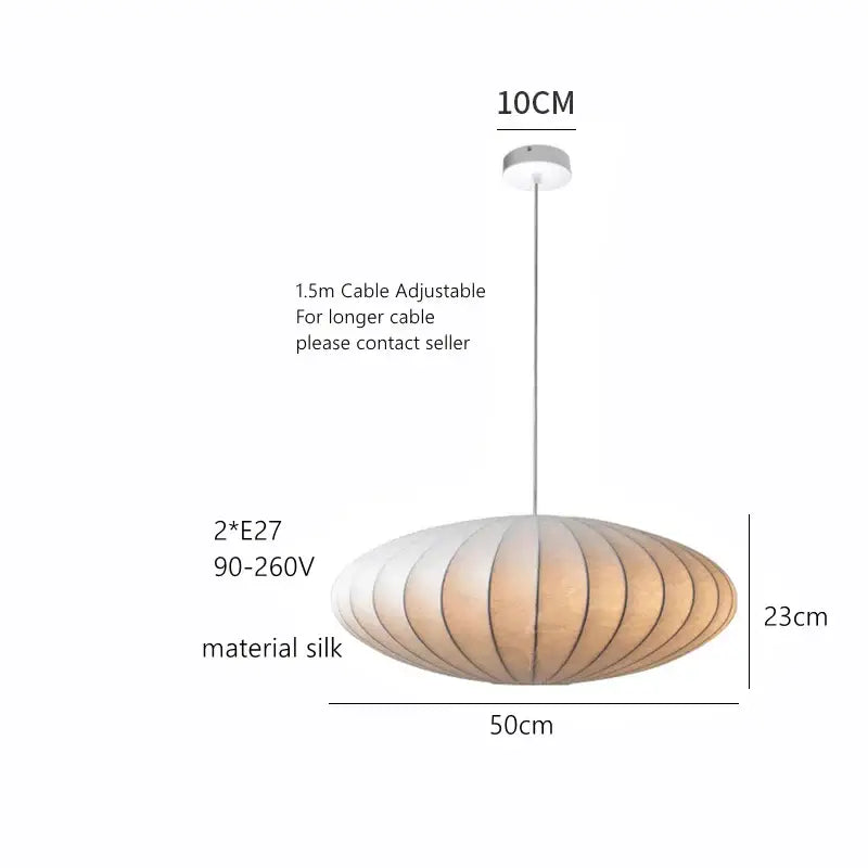 DecorBites™ handmade japanese style silk chandelier with oval beige pleated silk shade and silver-toned metal cable