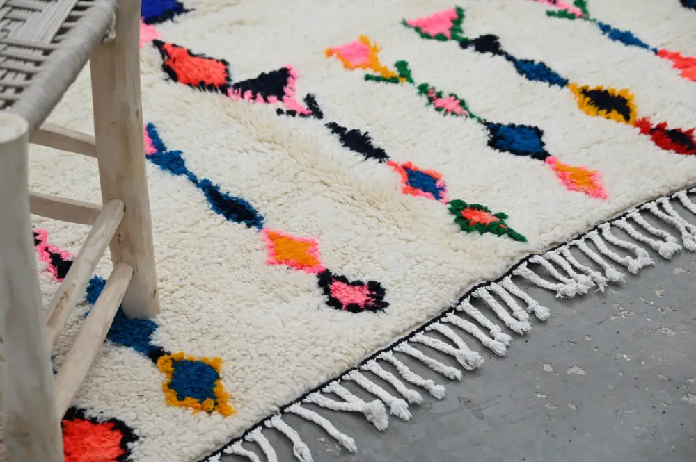 Decorbites handmade moroccan azilal carpet 240x160 cm cream with bold pink blue orange green geometric patterns and fluffy texture