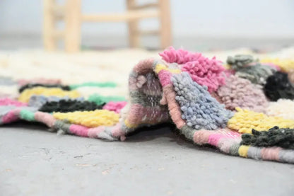 Decorbites handmade moroccan azilal rug 222x133 cm with colorful chunky knit patchwork in pastel and vibrant hues