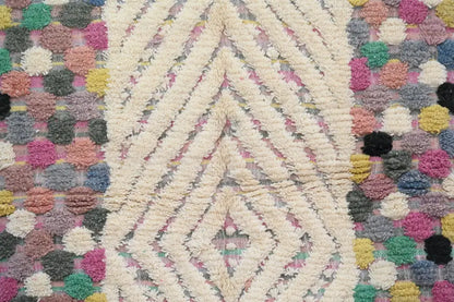 Decorbites™ handmade moroccan azilal rug 222x133 cm with colorful pom-poms and cream geometric pattern