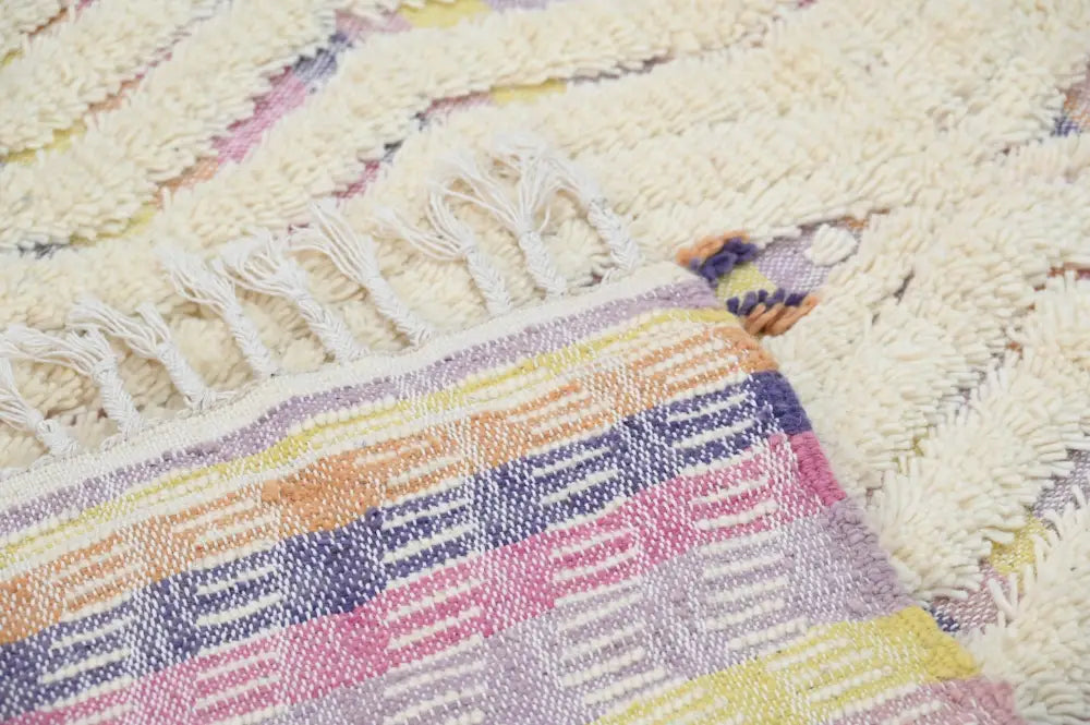 Decorbites™ handmade moroccan azilal rug 223x133 cm with soft cream textured surface and pastel geometric stripes