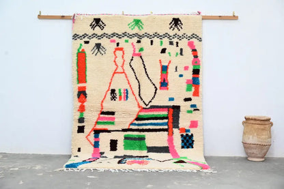 Beige decorbites™ handmade moroccan azilal rug with vibrant colors and natural wool textured geometric patterns