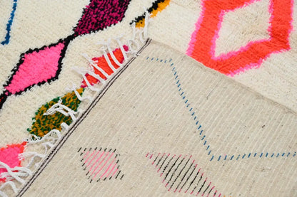 Beige decorbites™ handmade moroccan azilal rug with vibrant colors geometric patterns and white fringe 237x155 cm