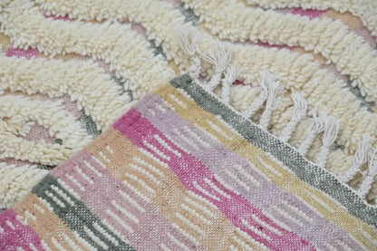 Decorbites handmade moroccan azilal rug 238x144cm featuring soft textured pastel pink cream and muted green stripes with white fringe