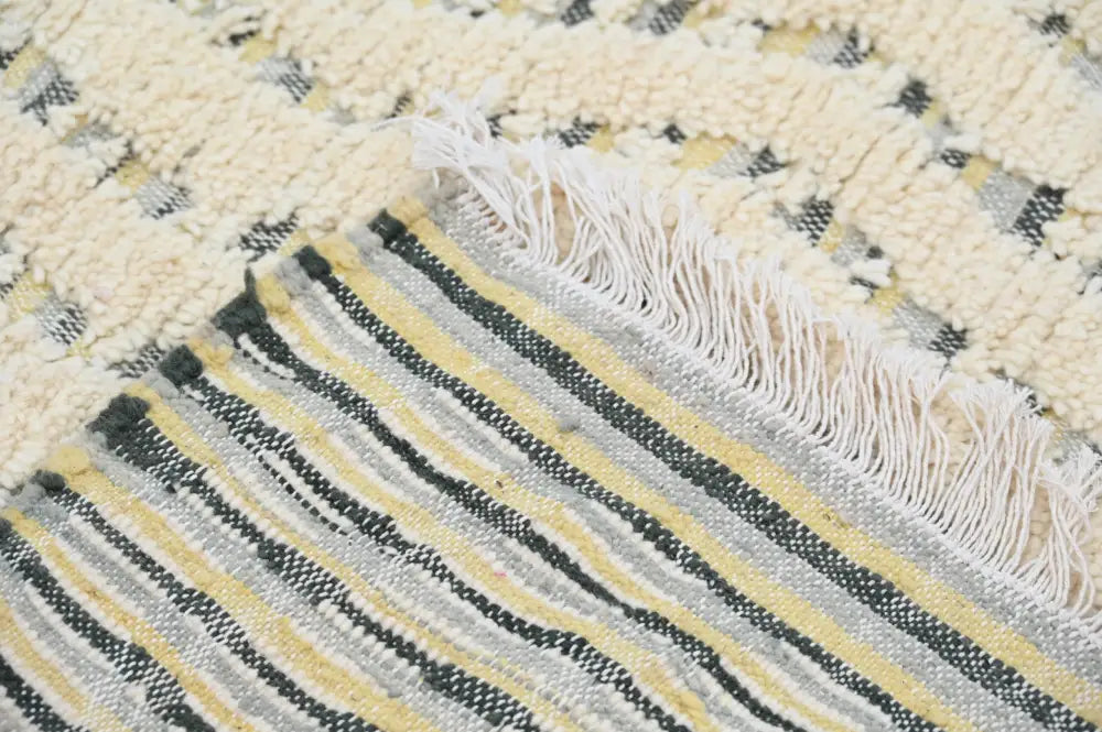 Decorbites handmade moroccan azilal rug 240x155cm with textured woven horizontal stripes in cream yellow gray and black