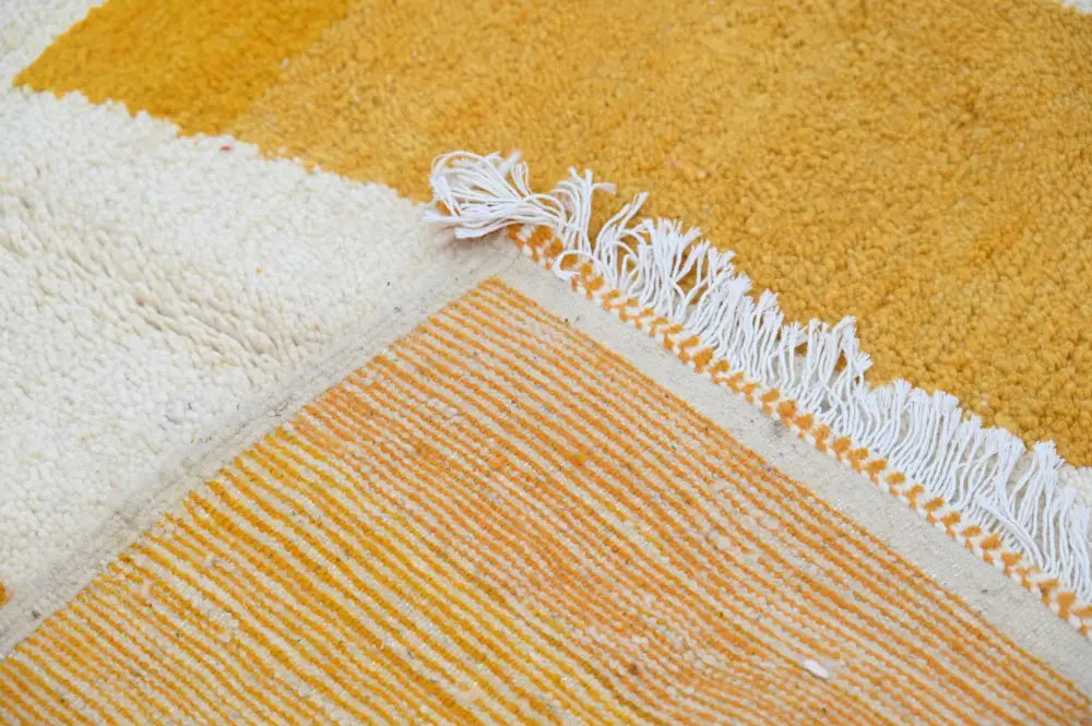 Decorbites™ handmade traditional azilal rug 250x149 cm with mustard yellow geometric pattern and white fringe edges