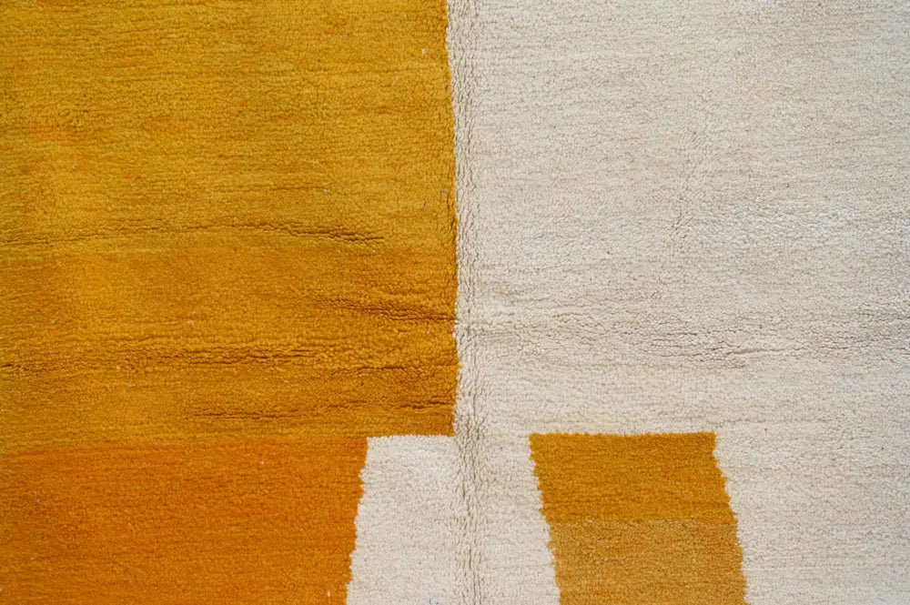 DecorBites™ handmade traditional Moroccan azilal rug with bold mustard yellow and off-white geometric blocks 250x149 cm