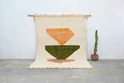 Beige woven handmade moroccan azilal rug featuring geometric orange diamond and green inverted triangle with tan fringe