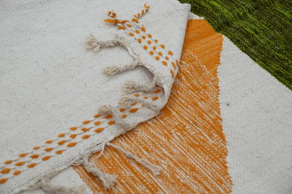 Decorbites™ handmade moroccan azilal rug 291x200cm white woven rug with orange and green geometric patterns and fringed edges
