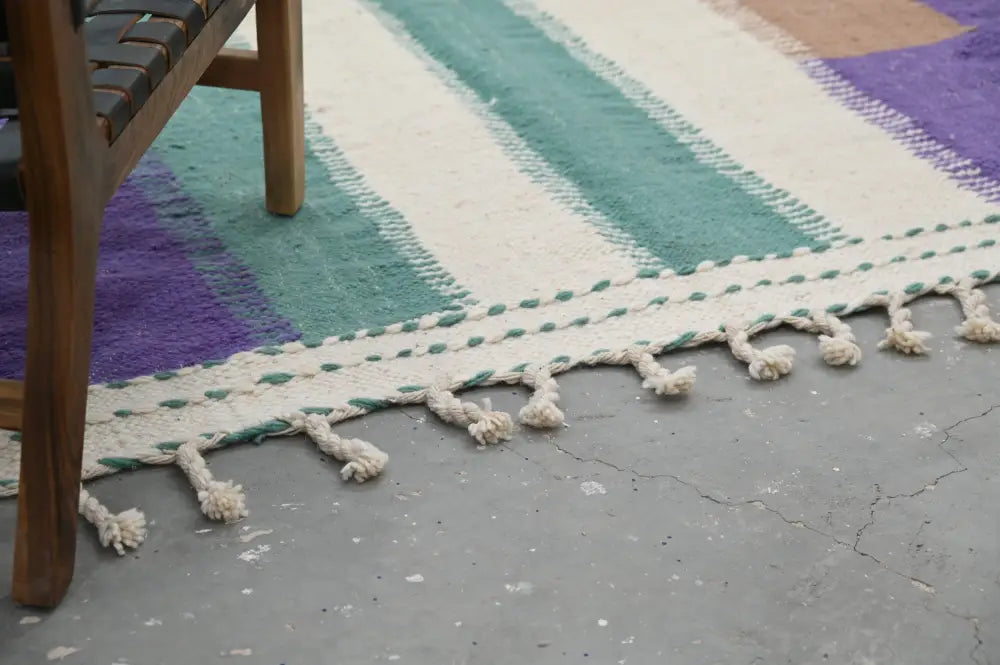 Decorbites™ handmade moroccan azilal rug with cream teal and purple wide stripes and natural fiber fringe 294x175 cm