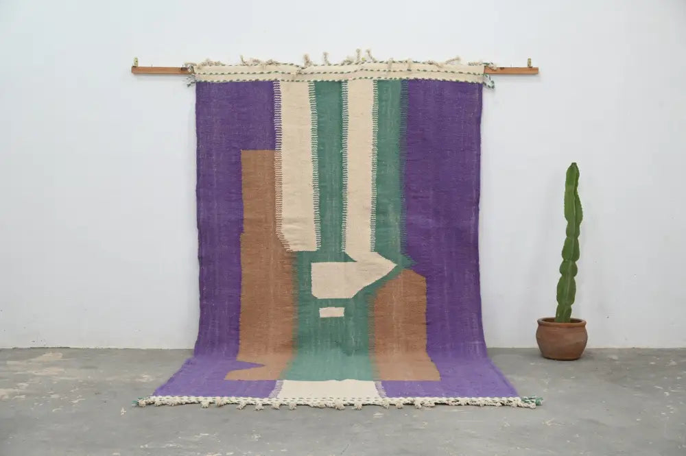 Purple green and beige geometric patterned fringed DecorBites™ handmade Moroccan azilal rug 294x175 cm