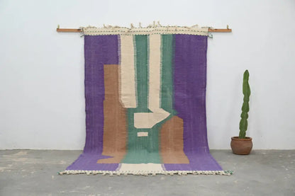 Purple green and beige geometric patterned fringed DecorBites™ handmade Moroccan azilal rug 294x175 cm