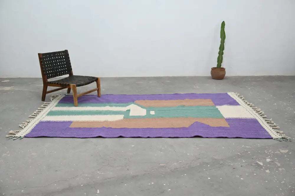 DecorBites™ handmade Moroccan azilal rug 294x175 cm purple woven with teal beige geometric patterns and fringed edges