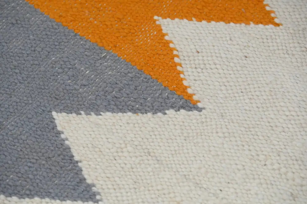 Decorbites™ handmade moroccan azilal rug 300x192 cm with bold geometric patterns in gray orange and cream colors