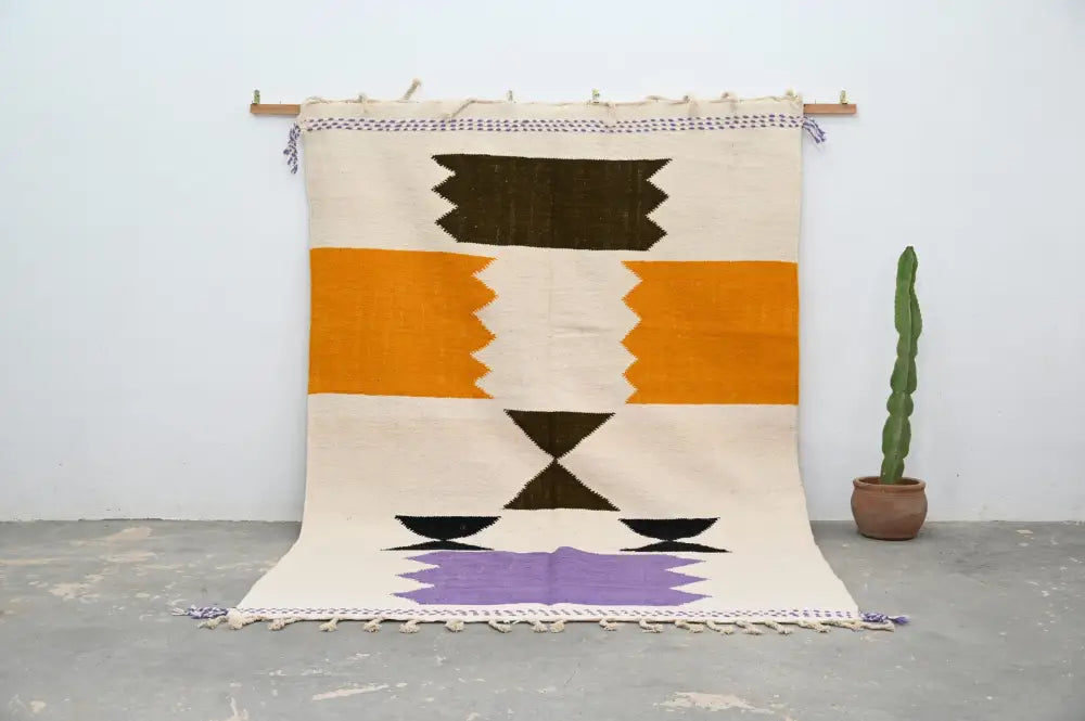 Beige woven decorbites™ moroccan handmade azilal rug with bold orange, dark brown, and purple geometric patterns 300x203 cm