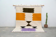 Beige woven decorbites™ moroccan handmade azilal rug with bold orange, dark brown, and purple geometric patterns 300x203 cm
