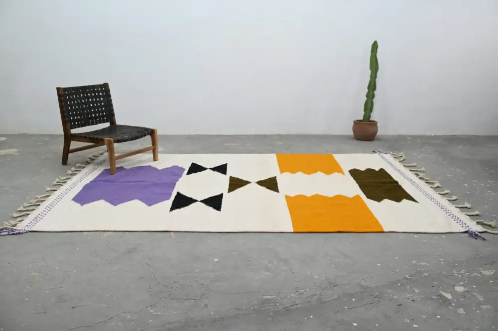 Decorbites™ handmade moroccan azilal rug 300x203 cm with bold purple black olive green and orange geometric wool blocks on cream background