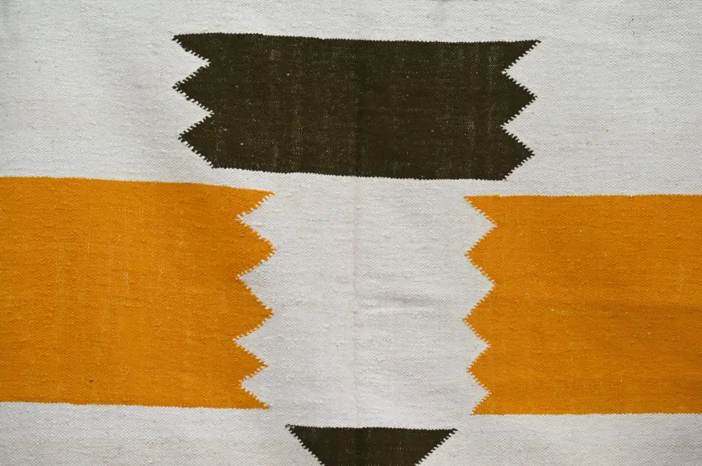 Decorbites™ handmade moroccan azilal rug 300x203 cm with bold black orange and white geometric patterns on textured fabric