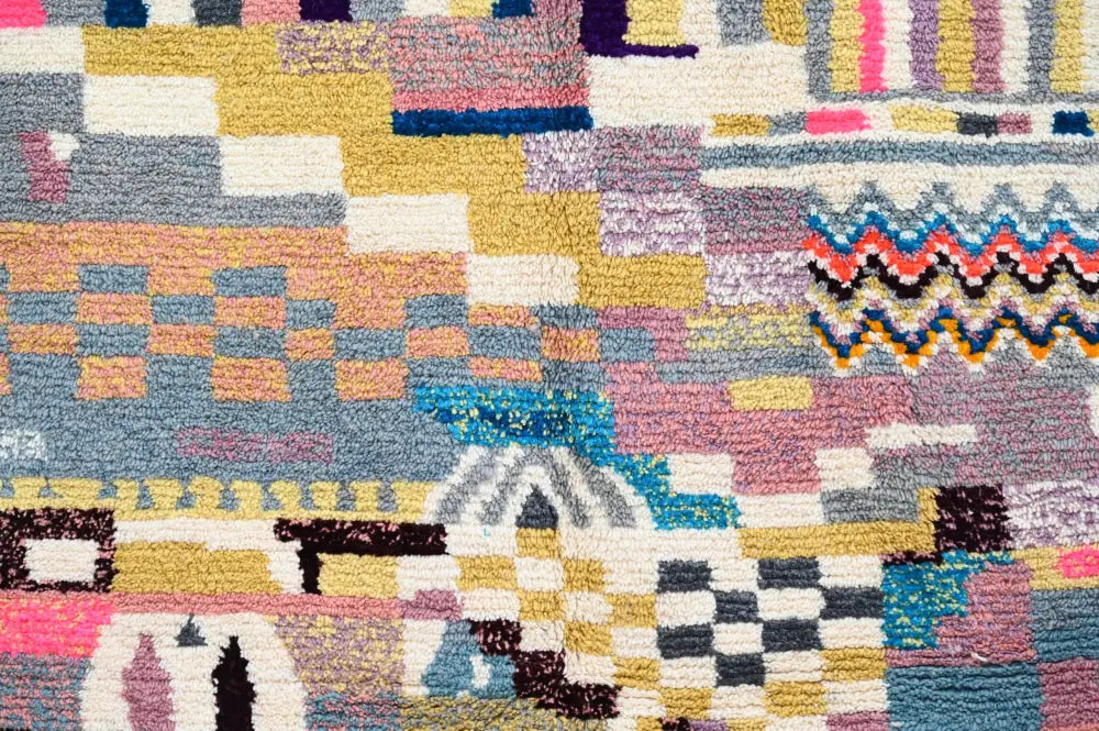 Decorbites™ handmade moroccan azilal rug 300x208 cm with bold geometric yellow blue pink and gray pattern