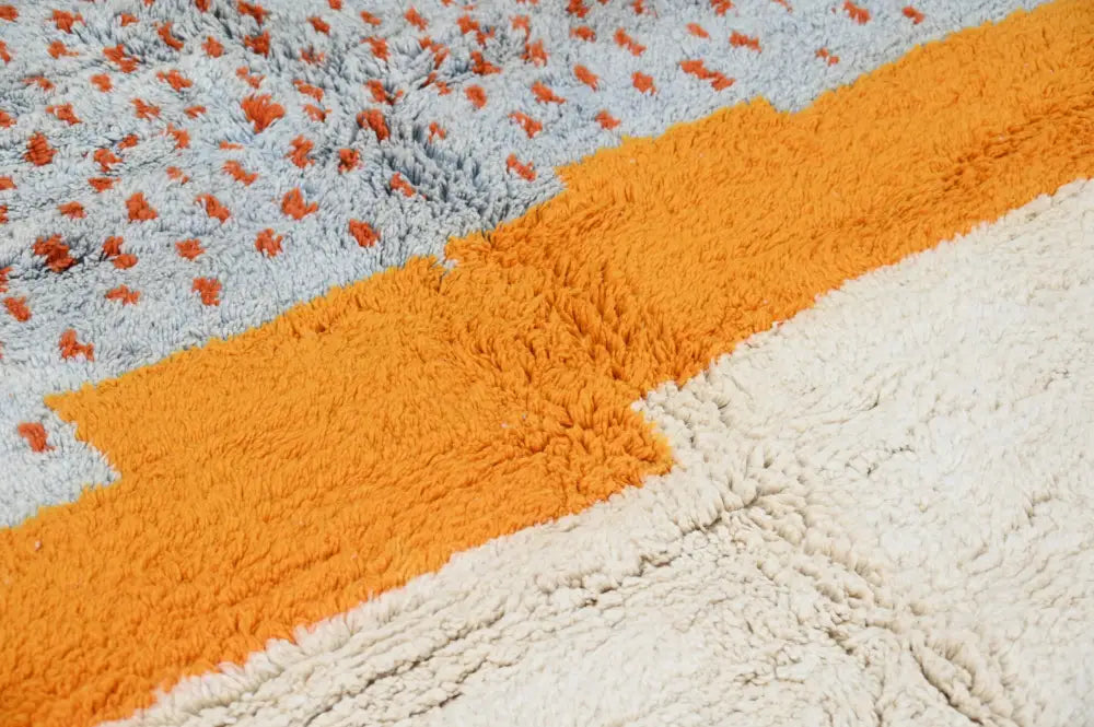 Decorbites™ handmade moroccan azilal rug with plush high-pile and bold orange gray cream geometric stripes 304 x 210 cm