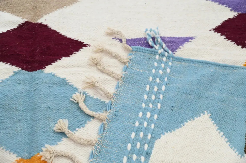 Decorbites™ handmade moroccan azilal rug 305x204cm with blue white maroon and purple geometric pattern and tassels