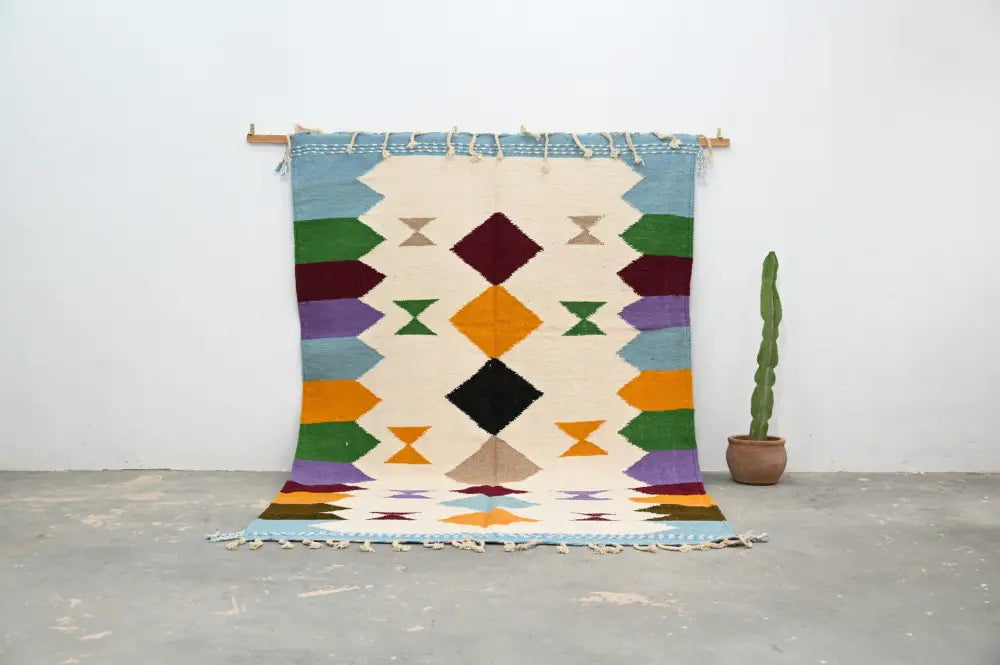 Decorbites™ handmade moroccan azilal rug 305x204cm with vibrant geometric diamond and arrow motifs on cream background