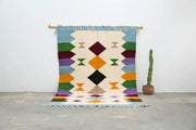 Decorbites™ handmade moroccan azilal rug 305x204cm with vibrant geometric diamond and arrow motifs on cream background