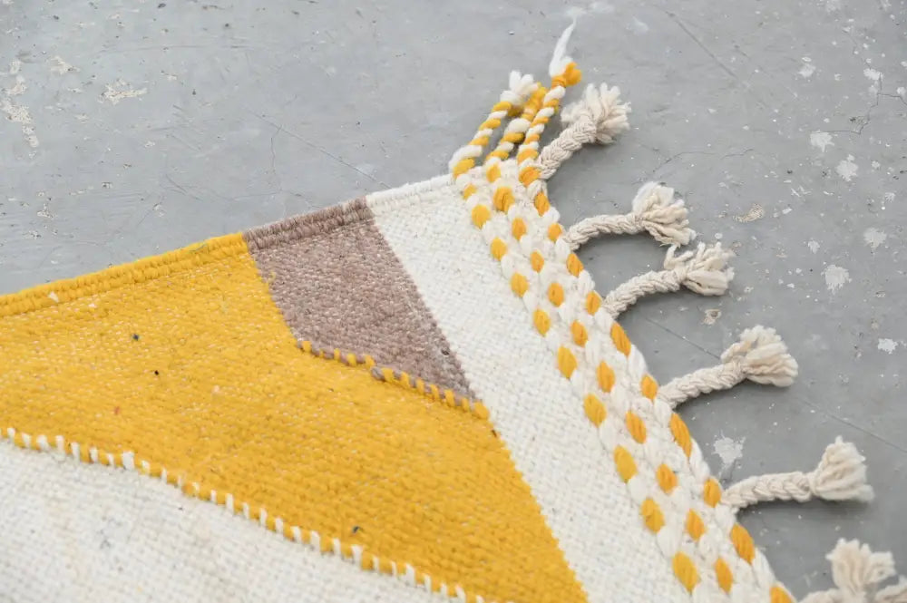 DecorBites™ handmade Moroccan azilal rug 306x196cm vibrant yellow white geometric with textured weave and tassels