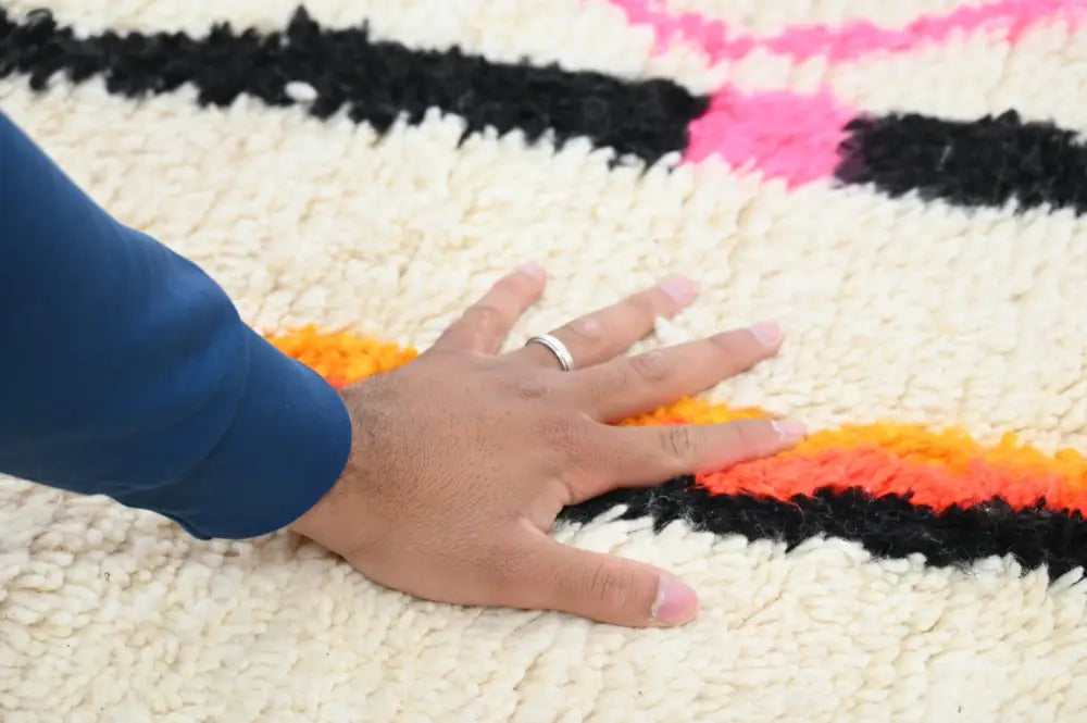 Decorbites™ handmade moroccan azilal rug 315x194 cm with cream shag texture and bold black pink orange stripes