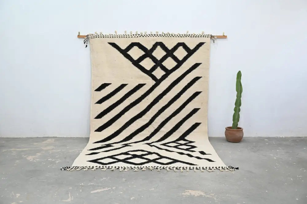 Beige and black geometric patterned wool handmade moroccan azilal rug with fringe 317x200 cm decorbites