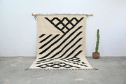 Beige and black geometric patterned wool handmade moroccan azilal rug with fringe 317x200 cm decorbites